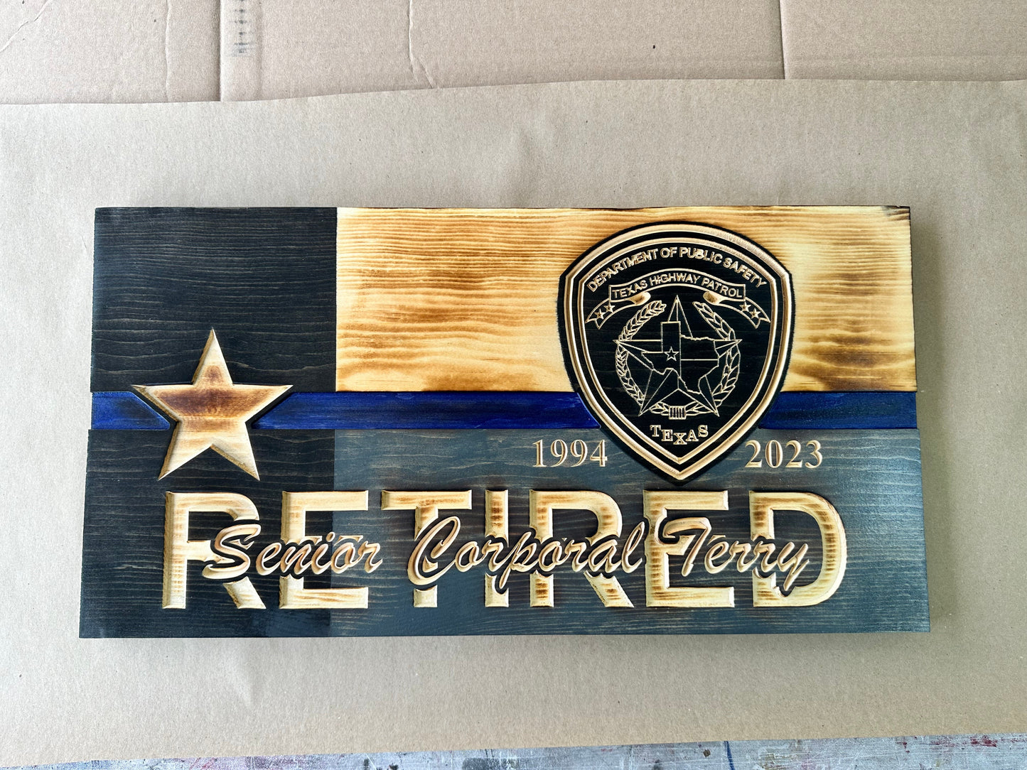Custom Retirement Wooden American Flag with Engraved Badges