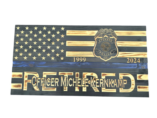Custom Retirement Wooden American Flag with Engraved Badges