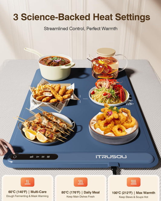 Warming Mat for Food (24"X16") - 3-Year Classic Electric Warming Tray with 3-Level Temp Control, Rapid Heating 250W Energy-Saving - Rollable Large Food Warming Mat for Parties & Buffet