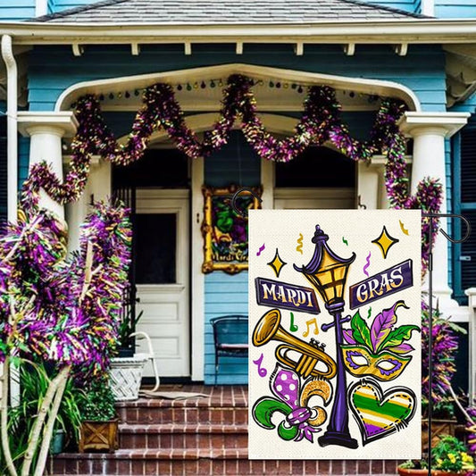 Mardi Gras Garden Flag 12X18 Inch Double Sided Outdoor Decoration, Street Lamp Fleur De Lis Mask New Orleans Carnival Party Supplies Purple Green Gold Festival Accessories