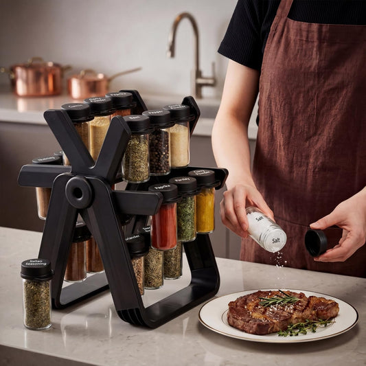 Ferris Wheel Rotating Spice Rack Seasoning Organizer with 18 Empty Jars, Spice Containers Set with Labels and Funnel, Revolving Seasoning Rack Black Kitchen Countertop Cabinet Accessories