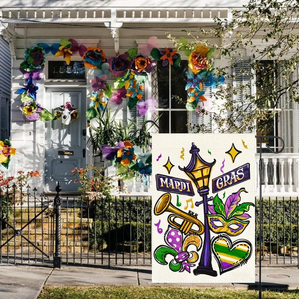 Mardi Gras Garden Flag 12X18 Inch Double Sided Outdoor Decoration, Street Lamp Fleur De Lis Mask New Orleans Carnival Party Supplies Purple Green Gold Festival Accessories