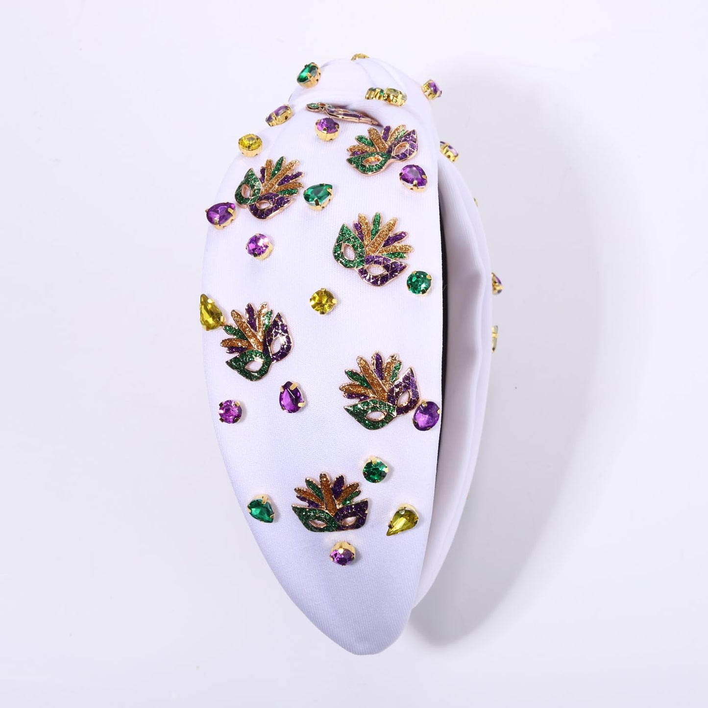 Mardi Gras Headband for Women Crown Fleur De Lis Mask Headbands Green Purple Gold Rhinestone Pearl Jeweled Knotted Headband Mardi Gras Accessories Outfits Carnival Parade Party Favors (Mask a - White)