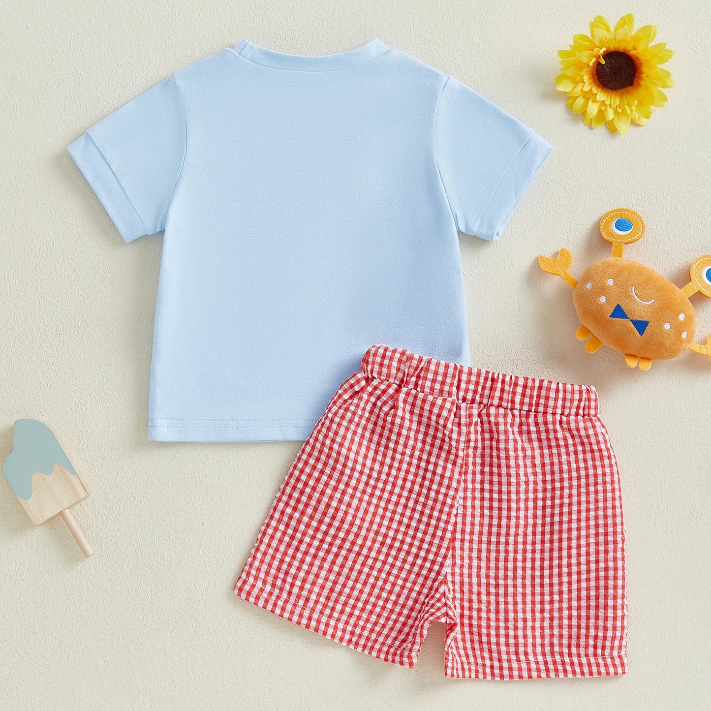 Toddler Baby Boy Summer Outfit Crab Lobster Embroidered Short Sleeve T-Shirts Plaid Shorts Infant Crawfish Clothes