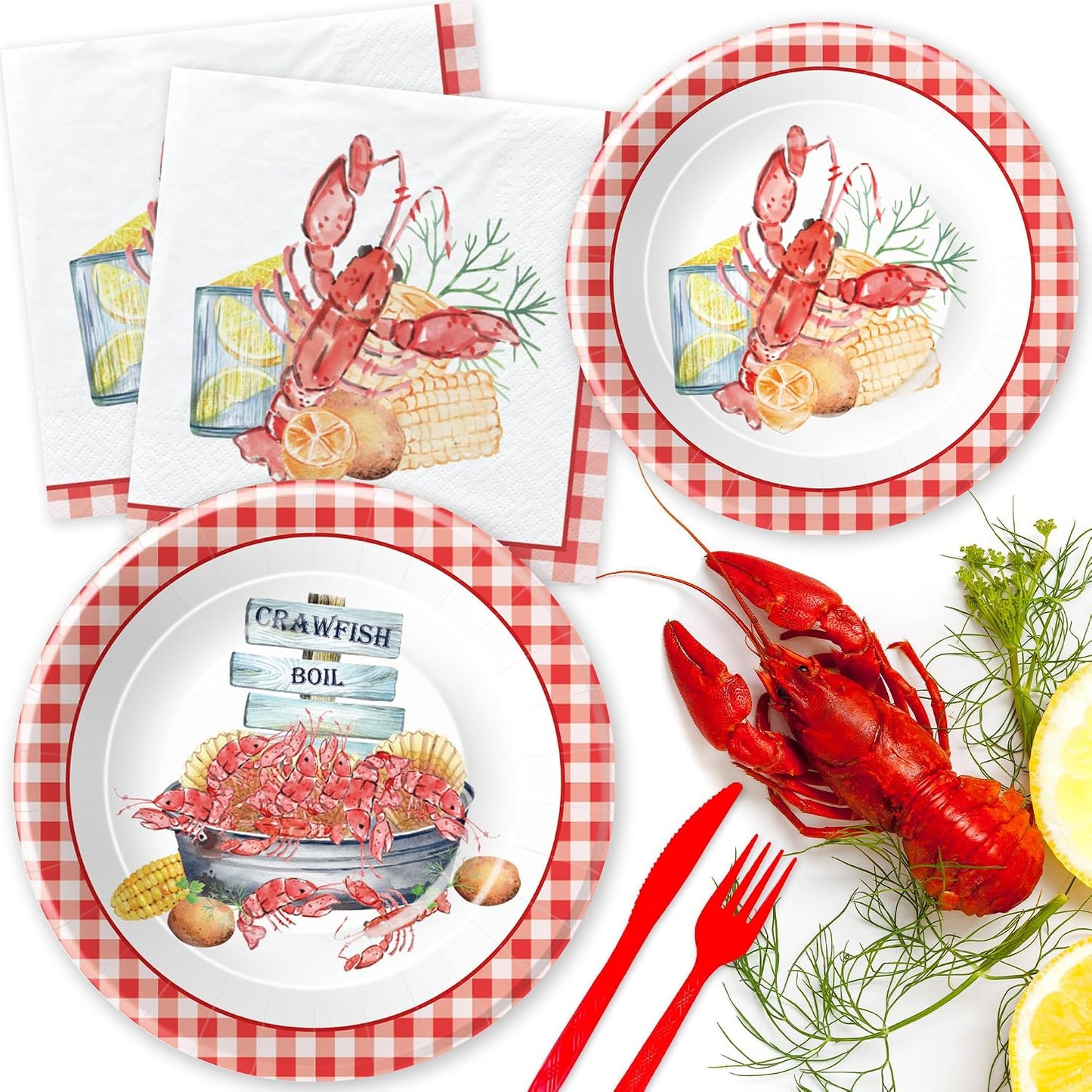 Crawfish Boil Party Supplies, Lobster Crab Seafood Boil Party Decorations Tableware for Birthday Baby Shower, Paper Plate, Cup, Napkin, Tablecloth, Disposable Cutlery, Serves 24