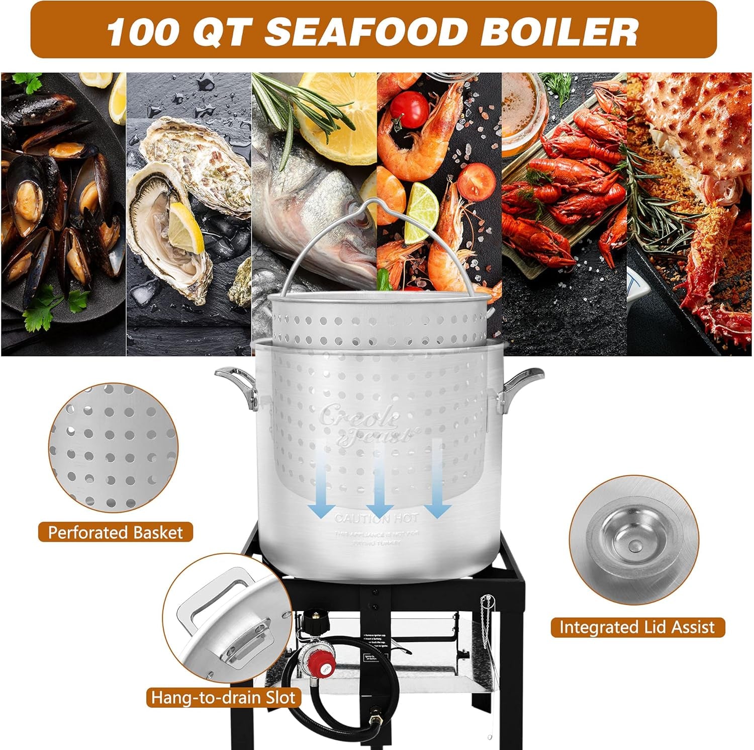 SBK1001 100 Qt. Seafood Boiling Kit with Strainer, Outdoor Aluminum Propane Gas Boiler Steamer with 10 PSI Regulator, 100000 BTU Jet Burner