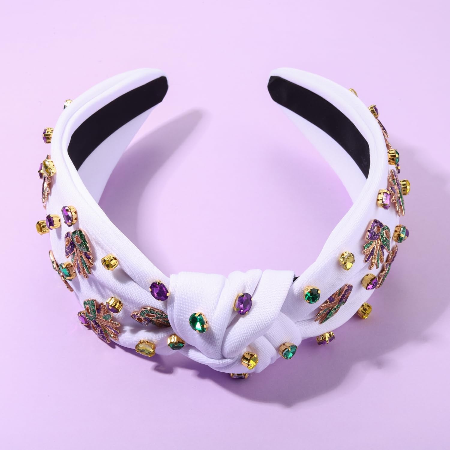 Mardi Gras Headband for Women Crown Fleur De Lis Mask Headbands Green Purple Gold Rhinestone Pearl Jeweled Knotted Headband Mardi Gras Accessories Outfits Carnival Parade Party Favors (Mask a - White)
