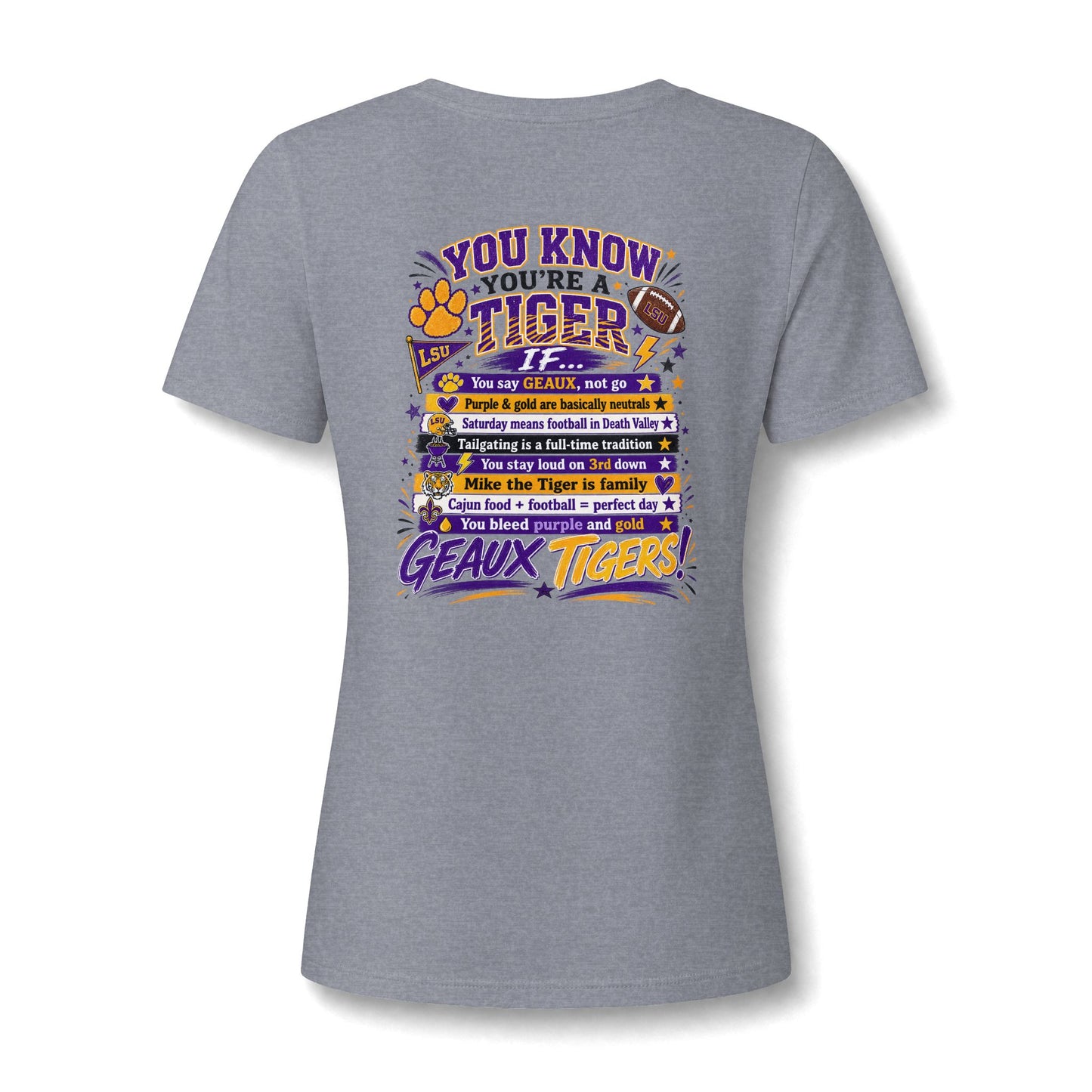 Women's V-Neck Team Tee — 'Geaux Tigers' Script Chest Logo