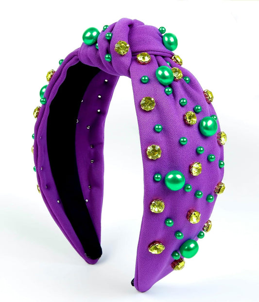 Mardi Gras Headband for Women Pearl Rhinestone Women Headbands Knotted Head Band for Women’S Hair Carnival Party Purple Green Gold Headpiece Mardi Gras Outfits Hair Accessories