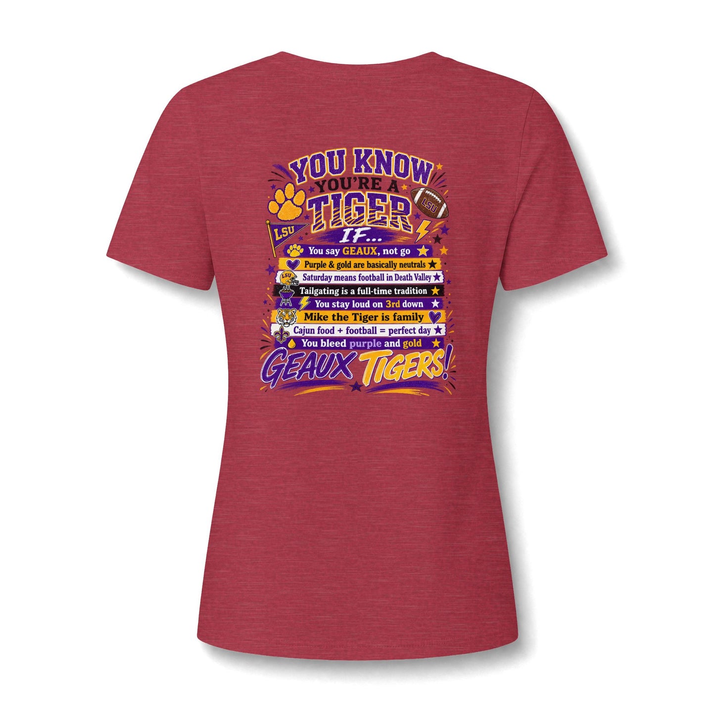 Women's V-Neck Team Tee — 'Geaux Tigers' Script Chest Logo