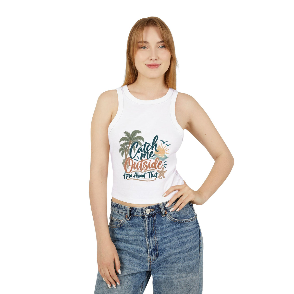 Racer Tank Top — "Catch Me Outside" Beach Palm Graphic Cropped Tank