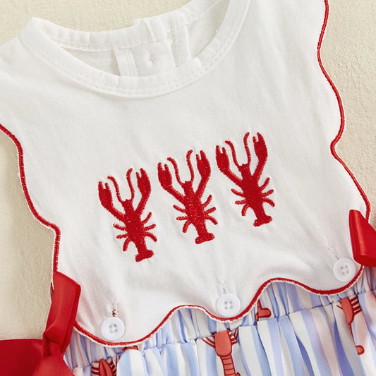 0-18M Newborn Baby Girl Smocked Crawfish Outfit Lobster Bubble Romper Bow Sleeveless Striped Bodysuit Summer Clothes