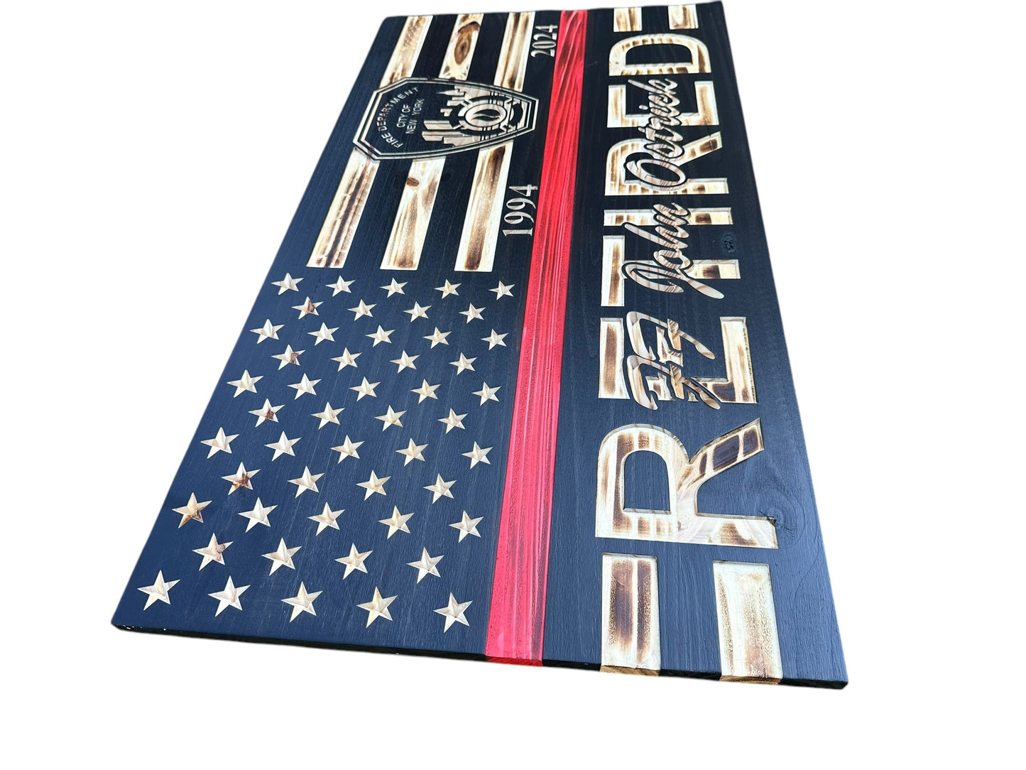 Custom Retirement Wooden American Flag with Engraved Badges