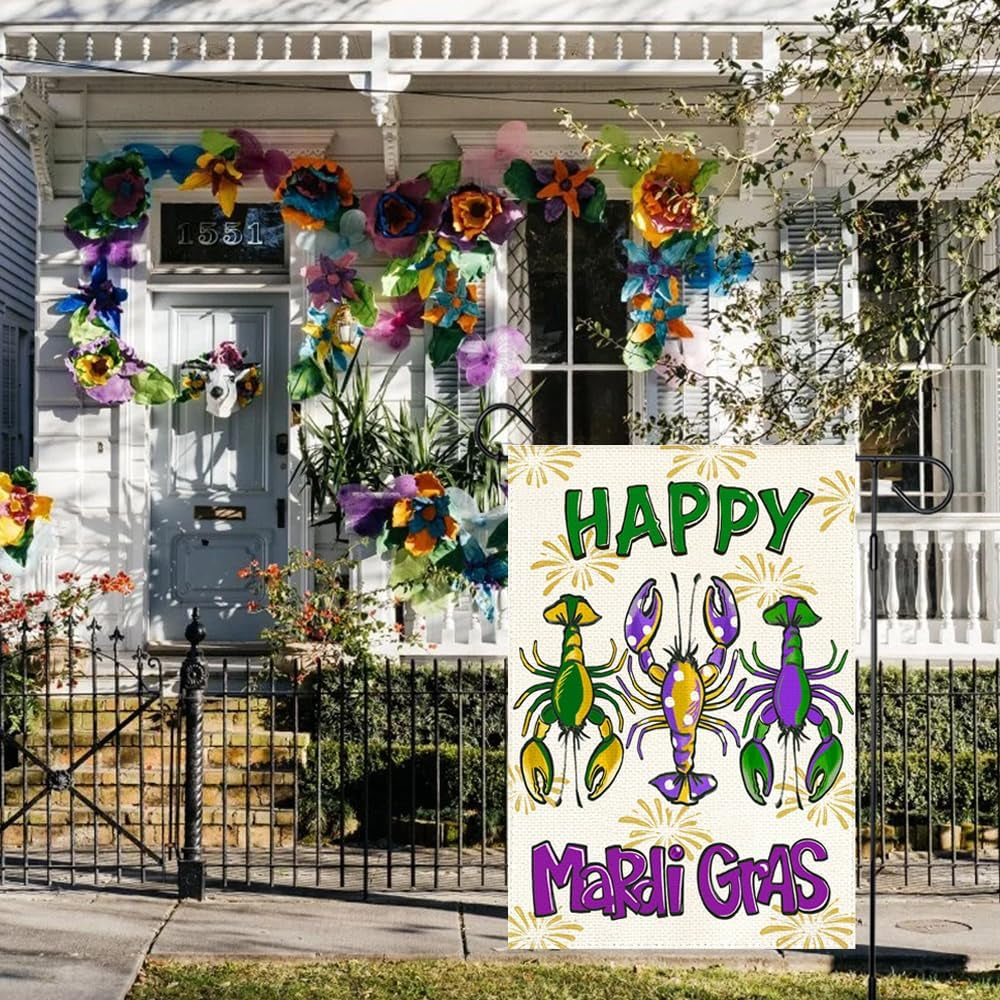 Happy Mardi Gras Crawfish Garden Flag 12X18 Inch Double Sided Outdoor Decoration, Fat Tuesday Lobster New Orleans Carnival Party Supplies Purple Green Gold Festival Accessories