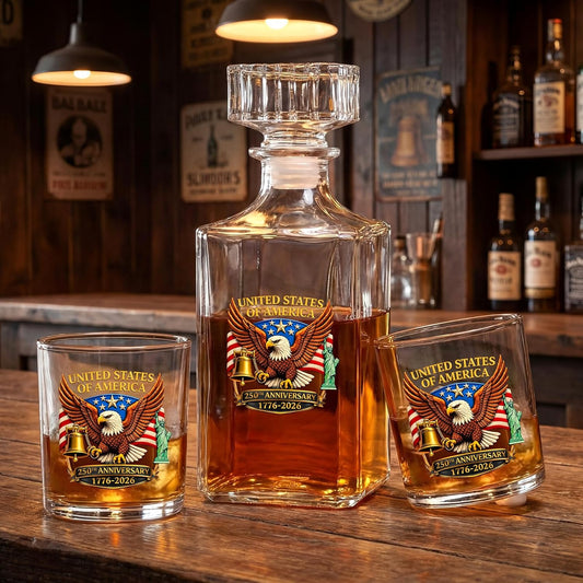 250Th Anniversary Whiskey Decanter Set with 2 Glasses, Patriotic Gift 25Oz 1776-2026 Liquor Bourbon Decanter American Flag Bottle & Glass Independence Day Gift for Men Dad Coworker Lover