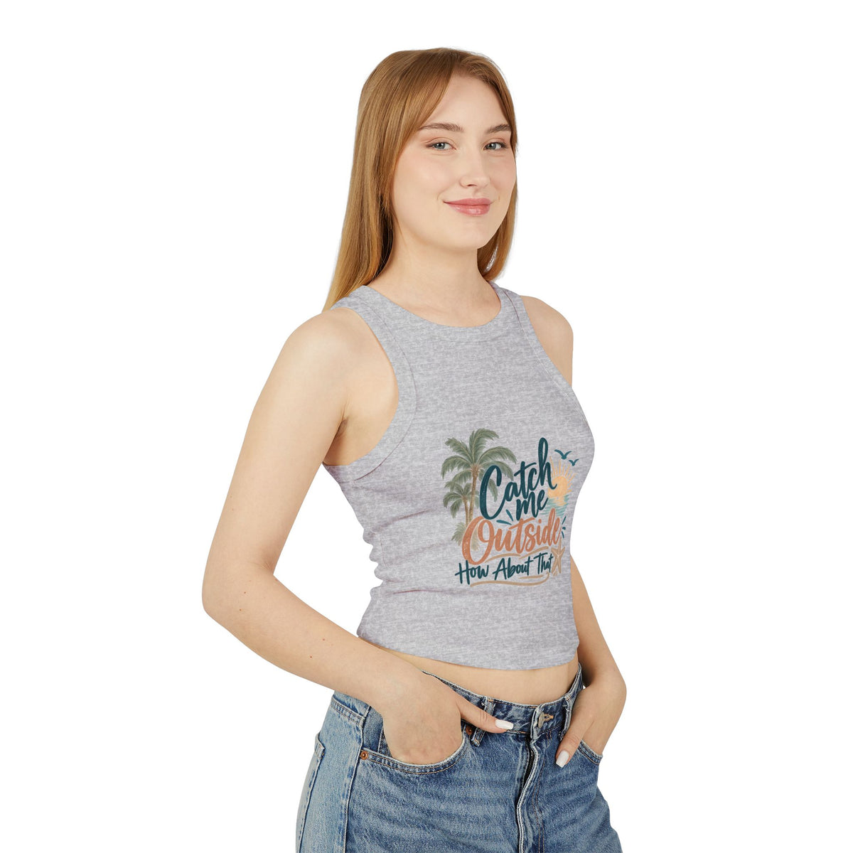 Racer Tank Top — "Catch Me Outside" Beach Palm Graphic Cropped Tank
