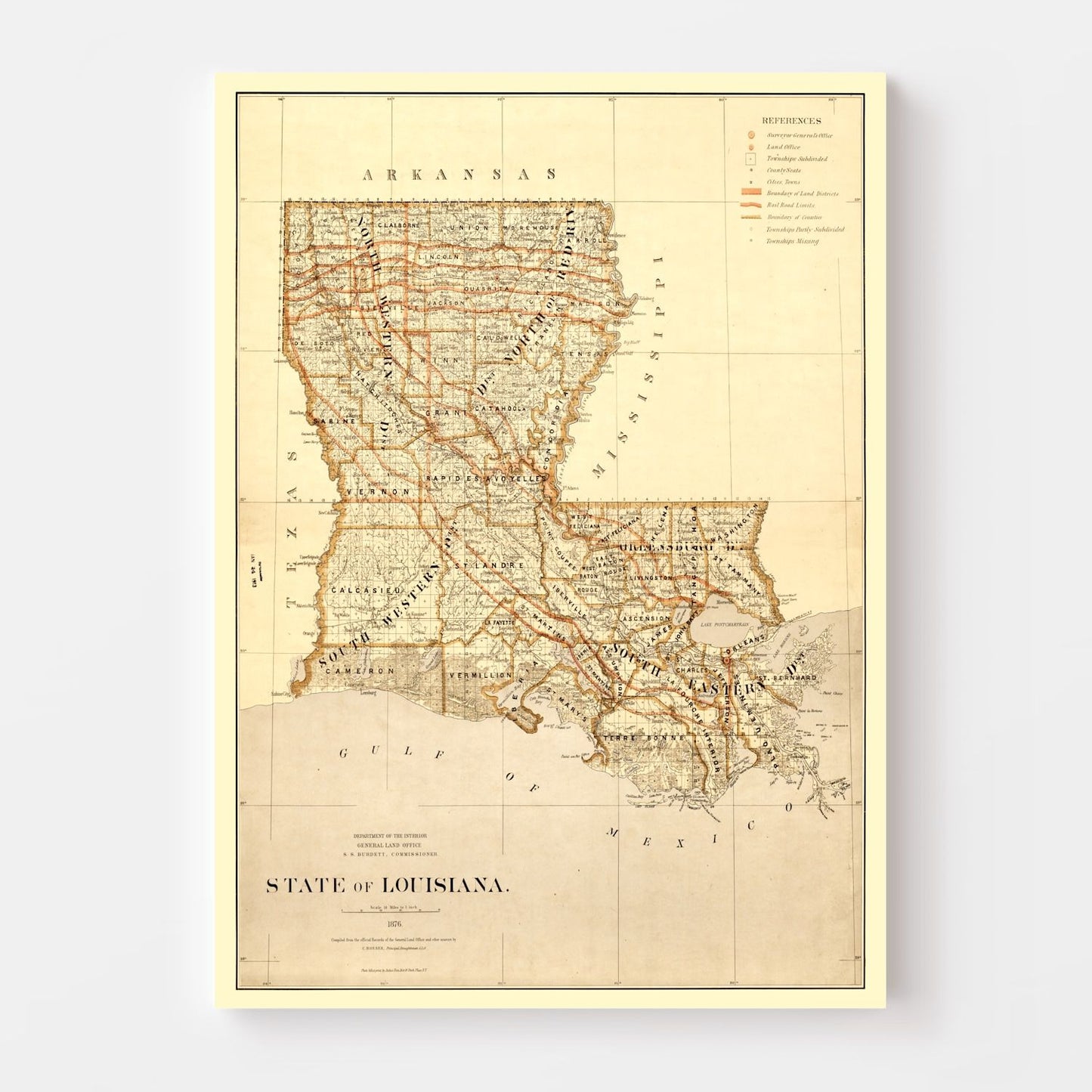 Vintage Map of Louisiana 1876