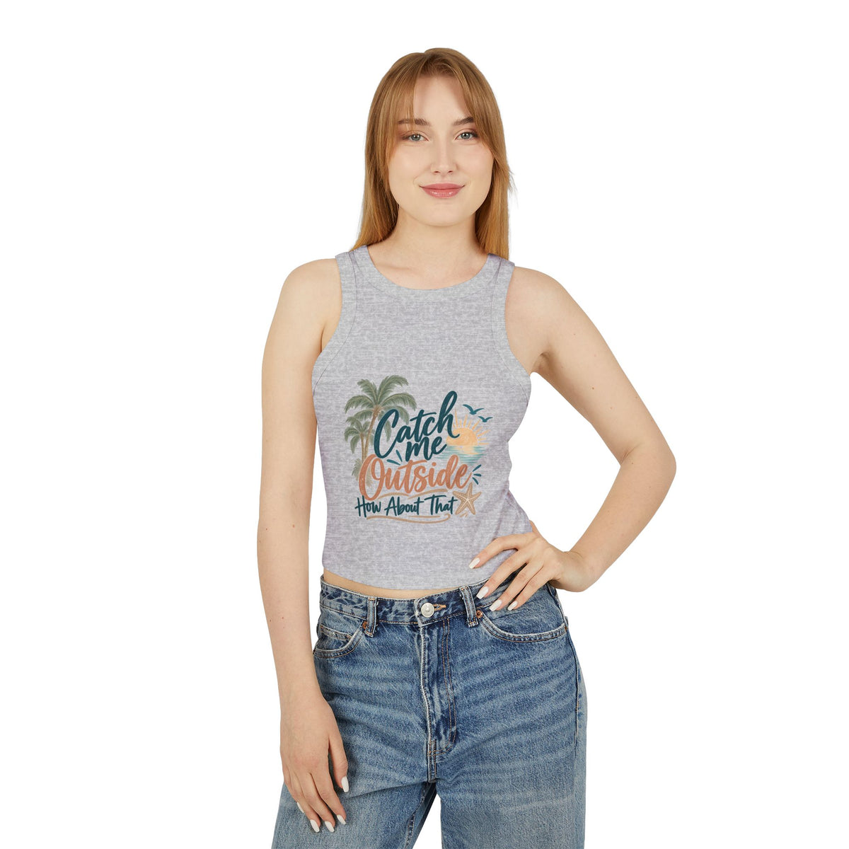 Racer Tank Top — "Catch Me Outside" Beach Palm Graphic Cropped Tank