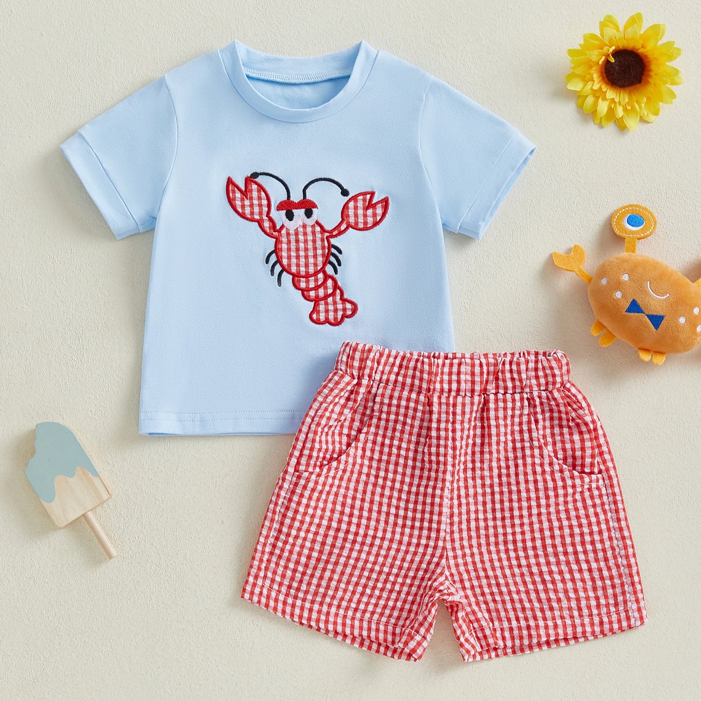 Toddler Baby Boy Summer Outfit Crab Lobster Embroidered Short Sleeve T-Shirts Plaid Shorts Infant Crawfish Clothes