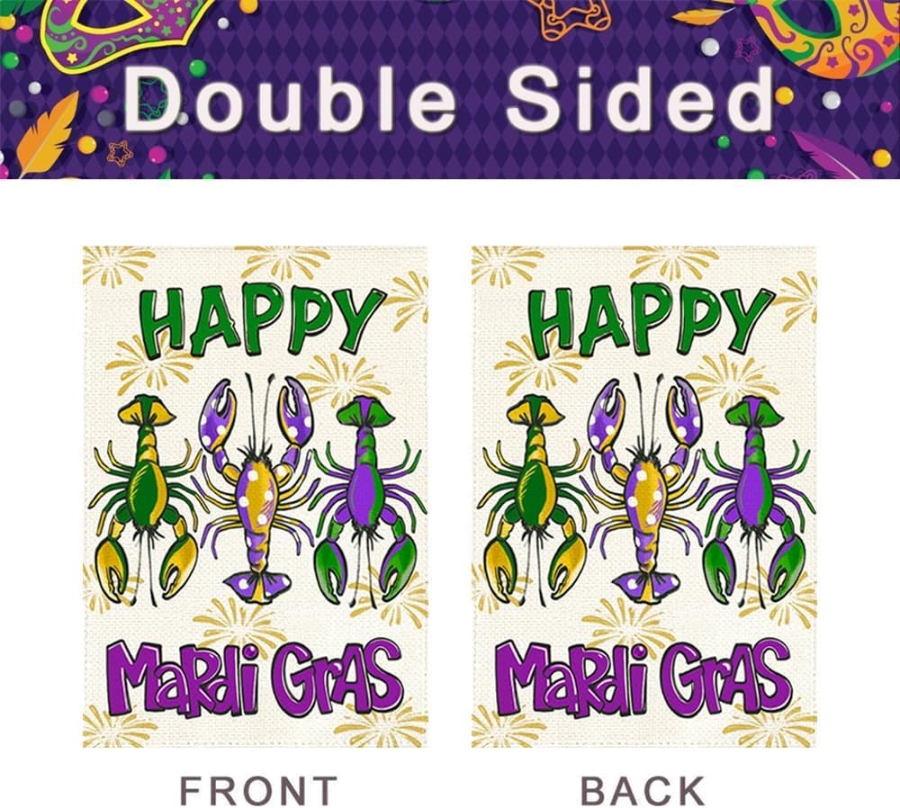 Happy Mardi Gras Crawfish Garden Flag 12X18 Inch Double Sided Outdoor Decoration, Fat Tuesday Lobster New Orleans Carnival Party Supplies Purple Green Gold Festival Accessories