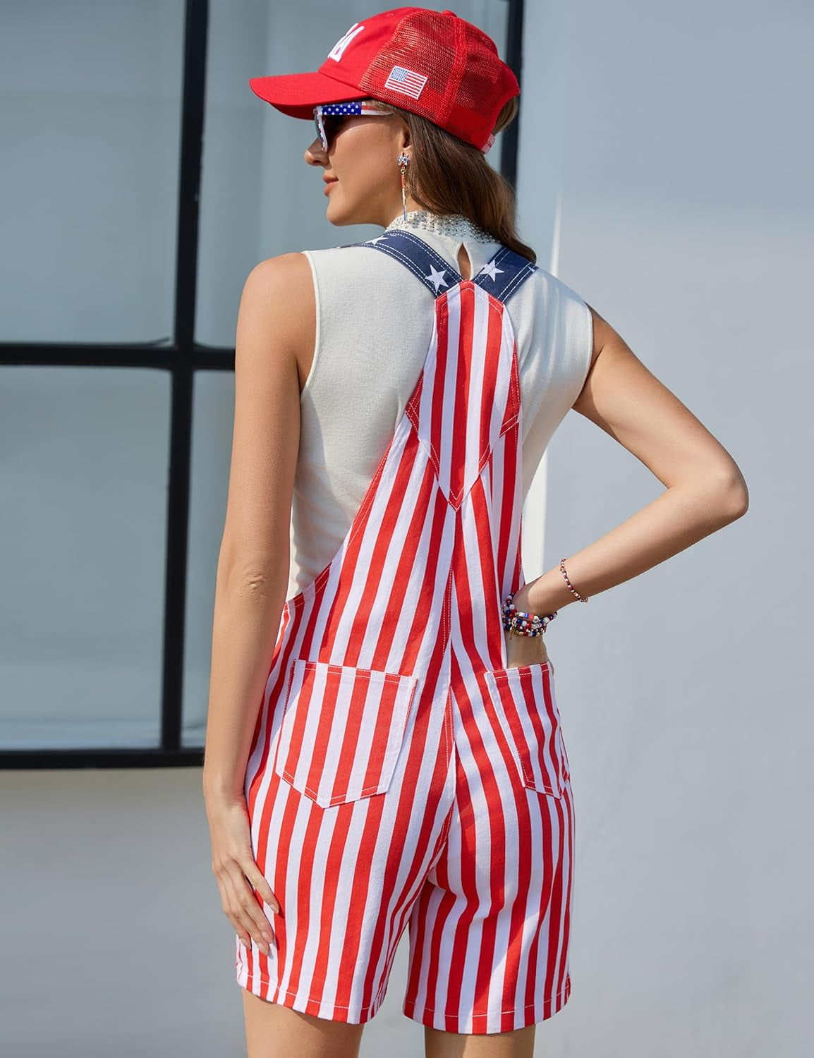 American Flag Overalls Women,Usa Hat,Patriotic Sunglasses,Independence Day Bracelets,4 Pcs 4Th of July Outfits