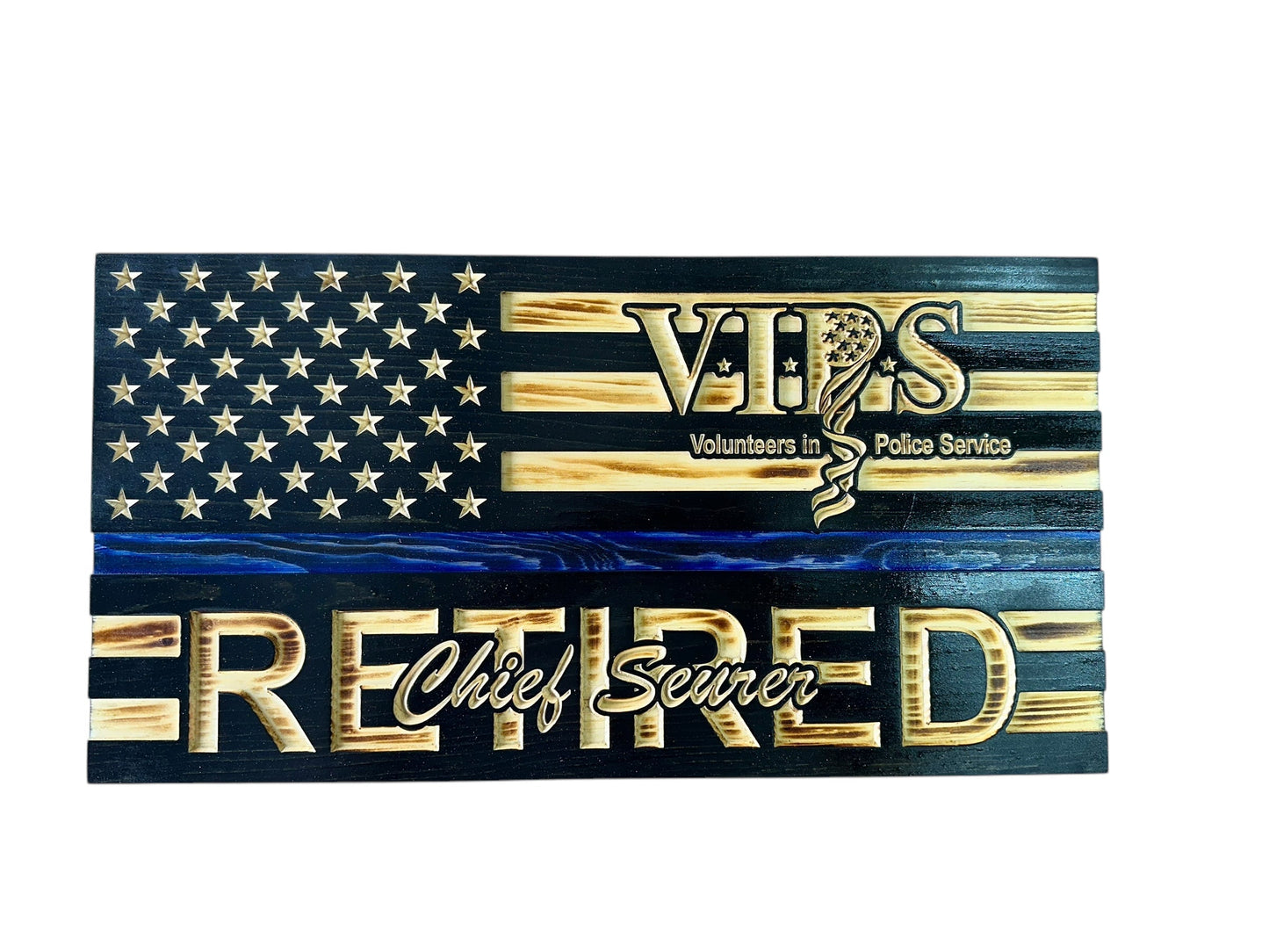 Custom Retirement Wooden American Flag with Engraved Badges
