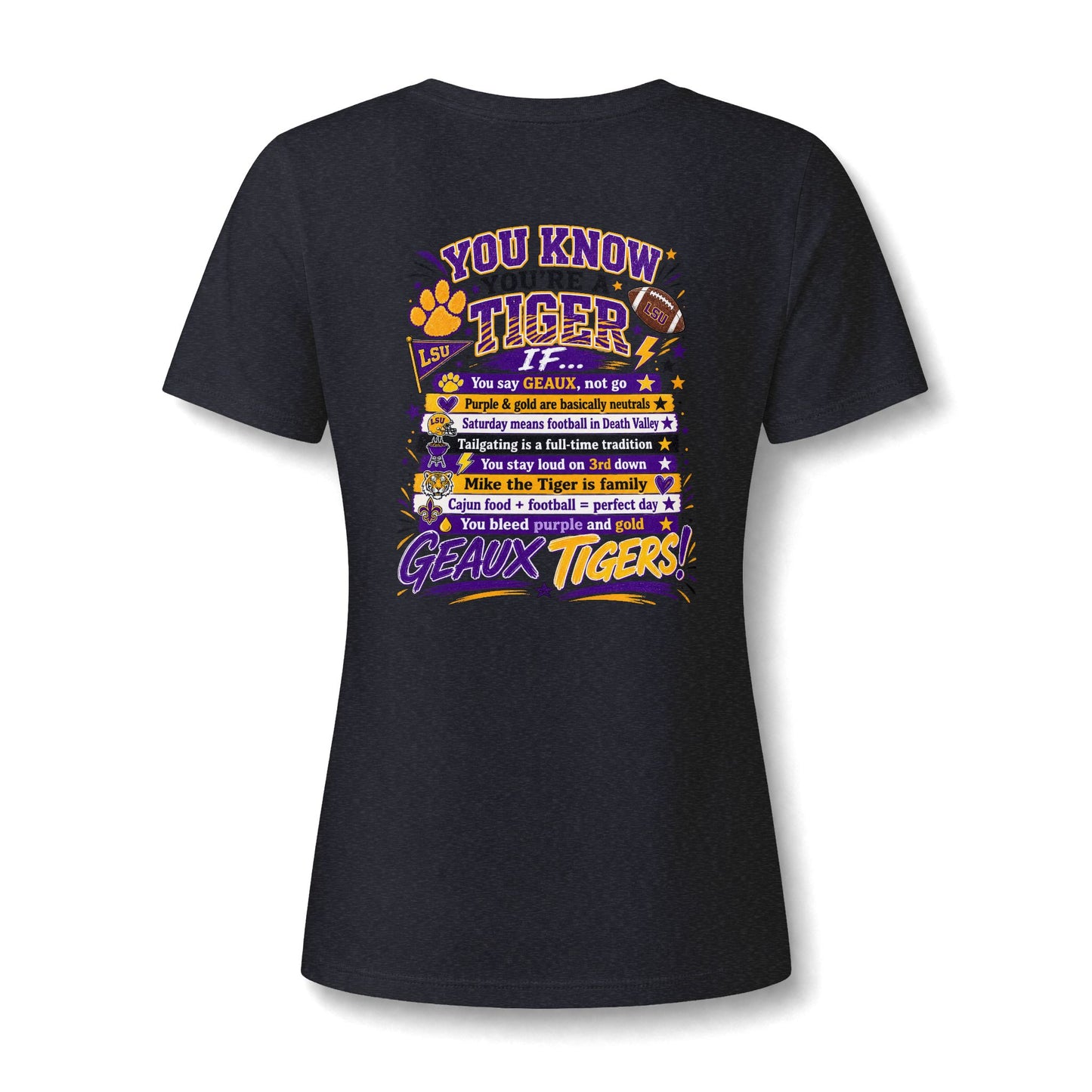 Women's V-Neck Team Tee — 'Geaux Tigers' Script Chest Logo