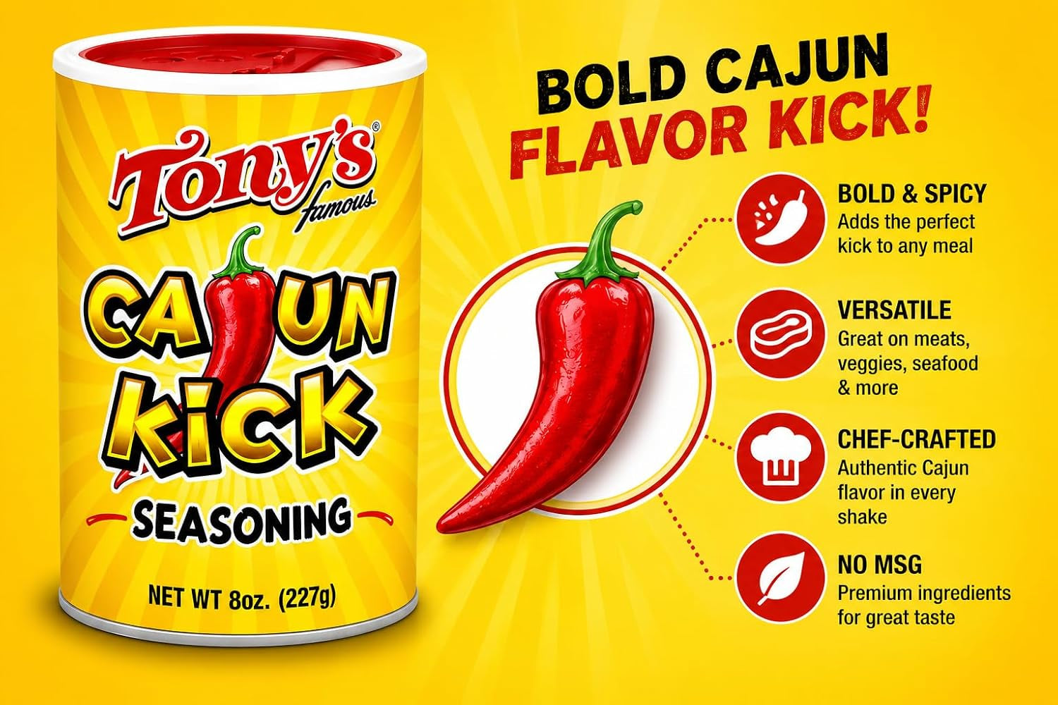 Tony Chachere’S Original Creole Seasoning & Cajun Kick Seasoning Variety Pack, 8 Oz Canisters (2 Pack) – Bold Louisiana Cajun Spice Blend, Great on Meat, Seafood, Veggies & More, No MSG
