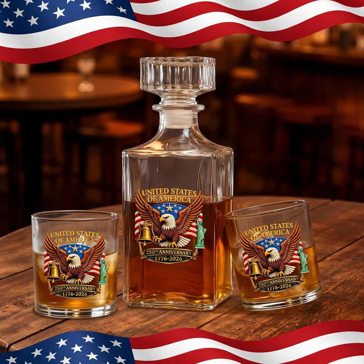 250Th Anniversary Whiskey Decanter Set with 2 Glasses, Patriotic Gift 25Oz 1776-2026 Liquor Bourbon Decanter American Flag Bottle & Glass Independence Day Gift for Men Dad Coworker Lover