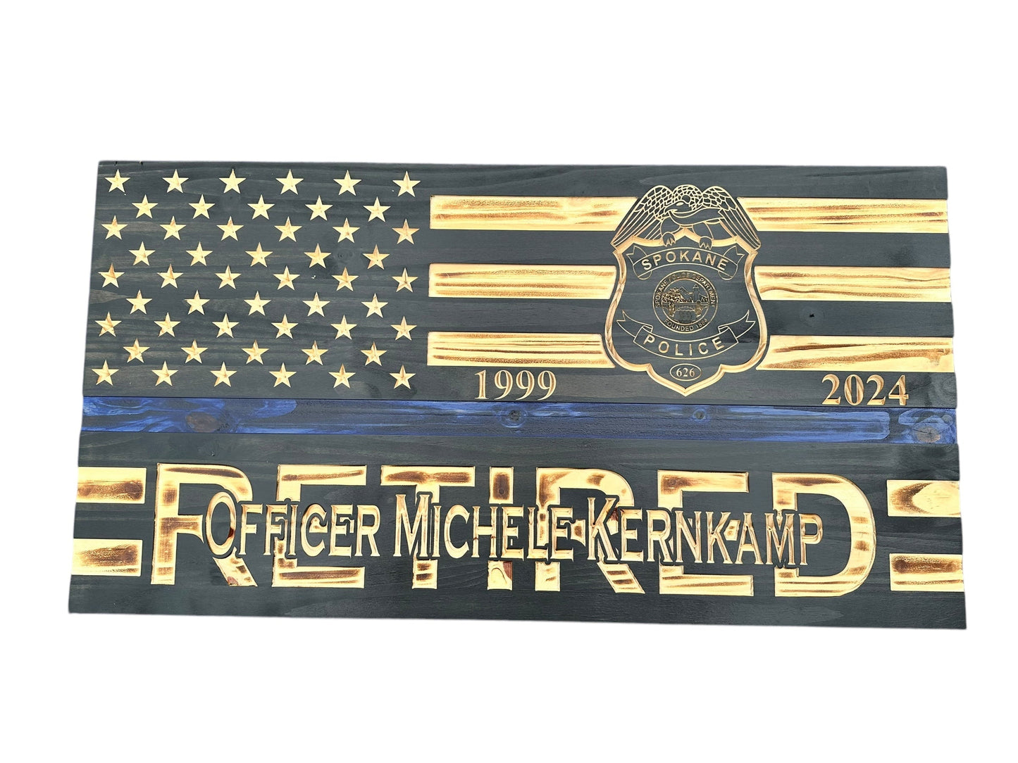 Custom Retirement Wooden American Flag with Engraved Badges