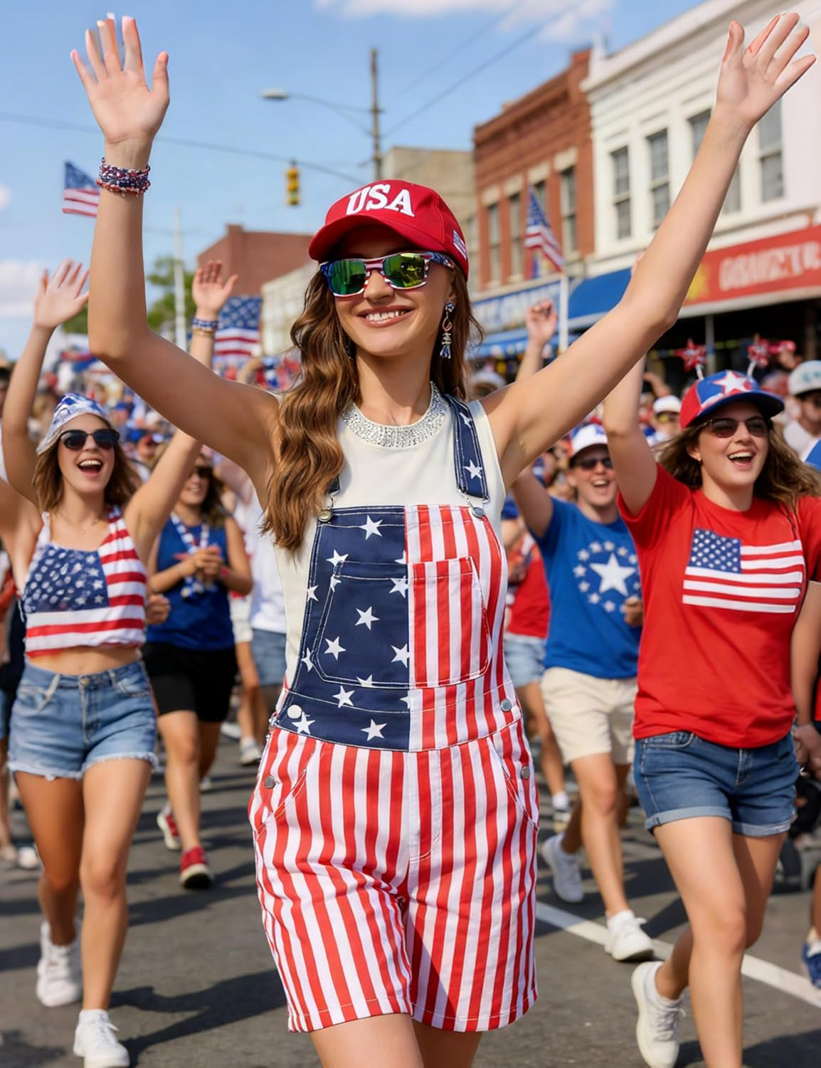 American Flag Overalls Women,Usa Hat,Patriotic Sunglasses,Independence Day Bracelets,4 Pcs 4Th of July Outfits