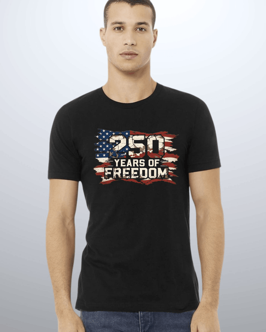 250 Years of FREEDOM Red White and Blue Distressed Flag - Black