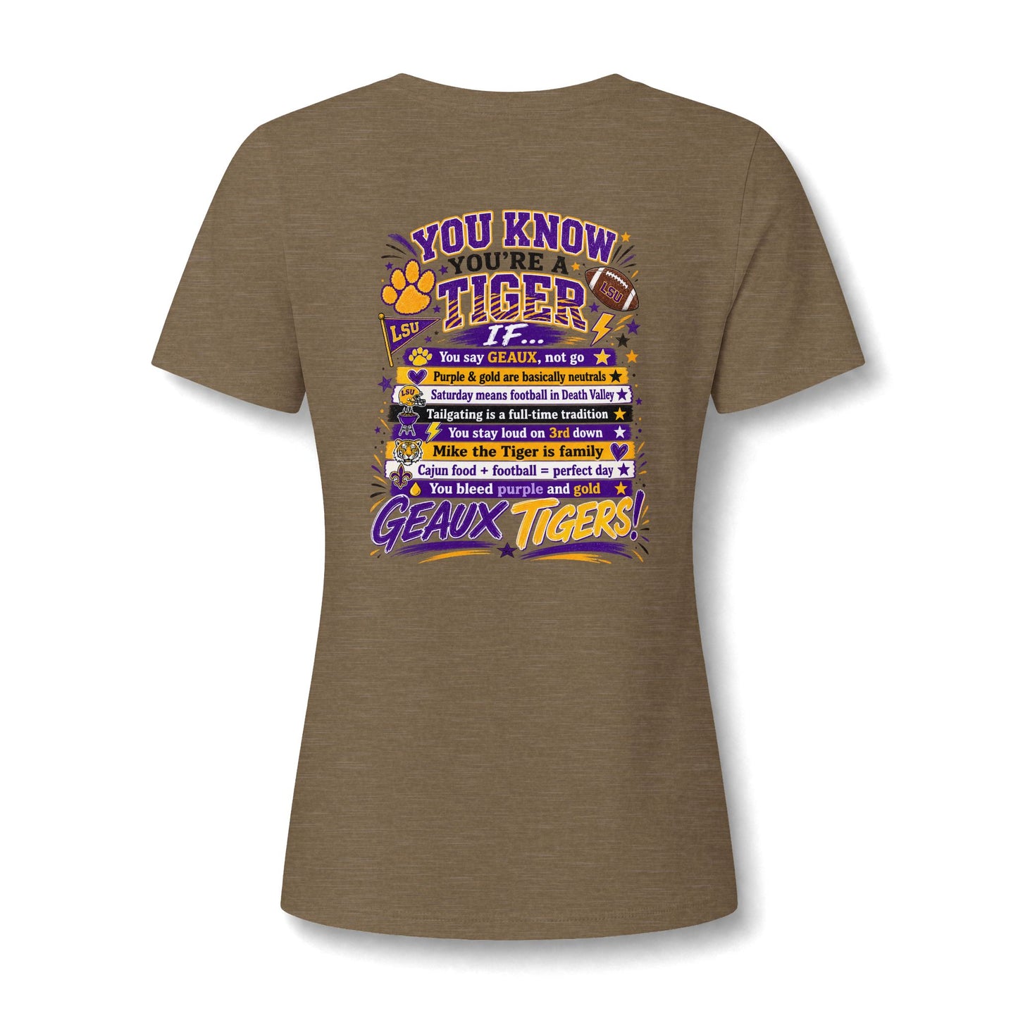Women's V-Neck Team Tee — 'Geaux Tigers' Script Chest Logo
