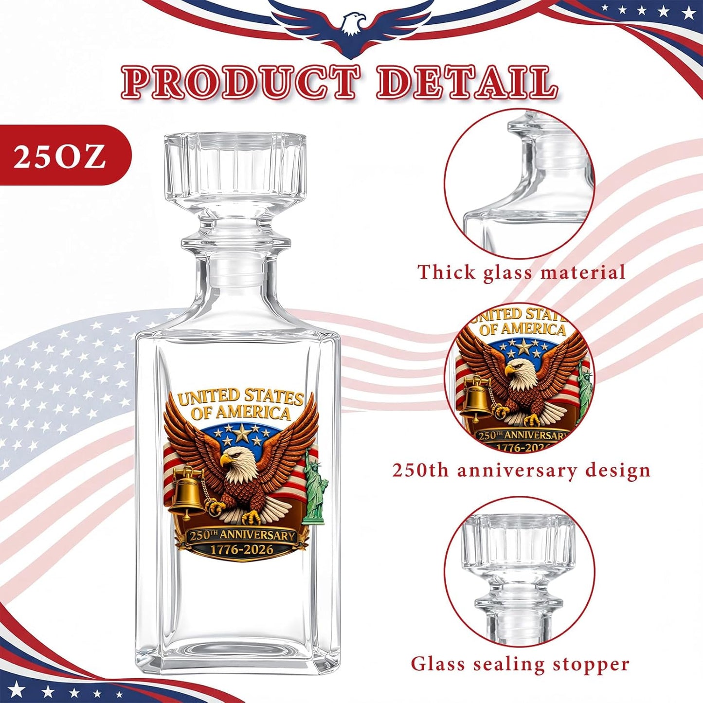 250Th Anniversary Whiskey Decanter Set with 2 Glasses, Patriotic Gift 25Oz 1776-2026 Liquor Bourbon Decanter American Flag Bottle & Glass Independence Day Gift for Men Dad Coworker Lover