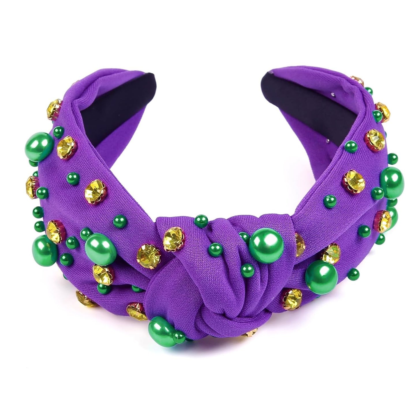 Mardi Gras Headband for Women Pearl Rhinestone Women Headbands Knotted Head Band for Women’S Hair Carnival Party Purple Green Gold Headpiece Mardi Gras Outfits Hair Accessories