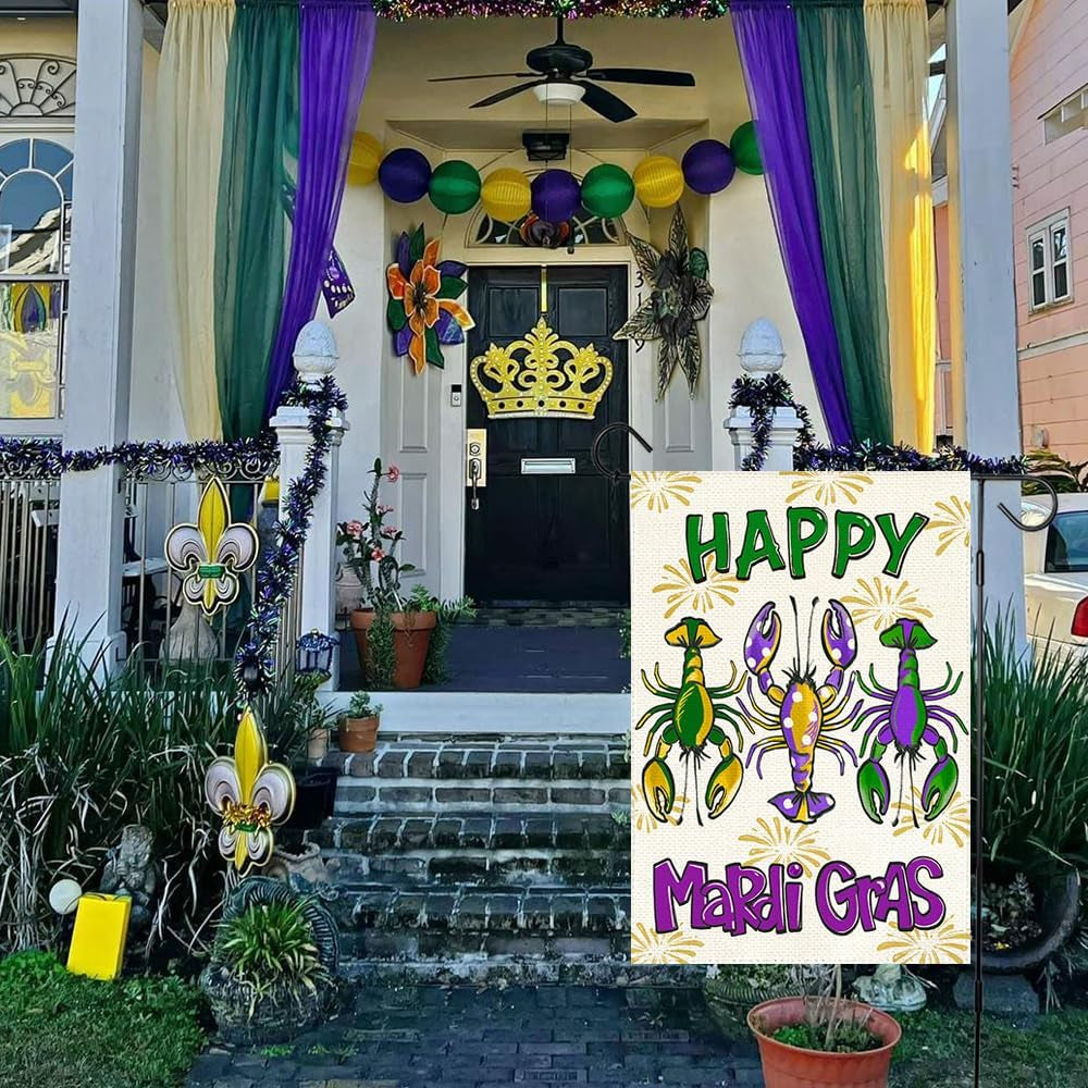 Happy Mardi Gras Crawfish Garden Flag 12X18 Inch Double Sided Outdoor Decoration, Fat Tuesday Lobster New Orleans Carnival Party Supplies Purple Green Gold Festival Accessories