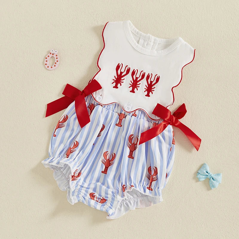 0-18M Newborn Baby Girl Smocked Crawfish Outfit Lobster Bubble Romper Bow Sleeveless Striped Bodysuit Summer Clothes