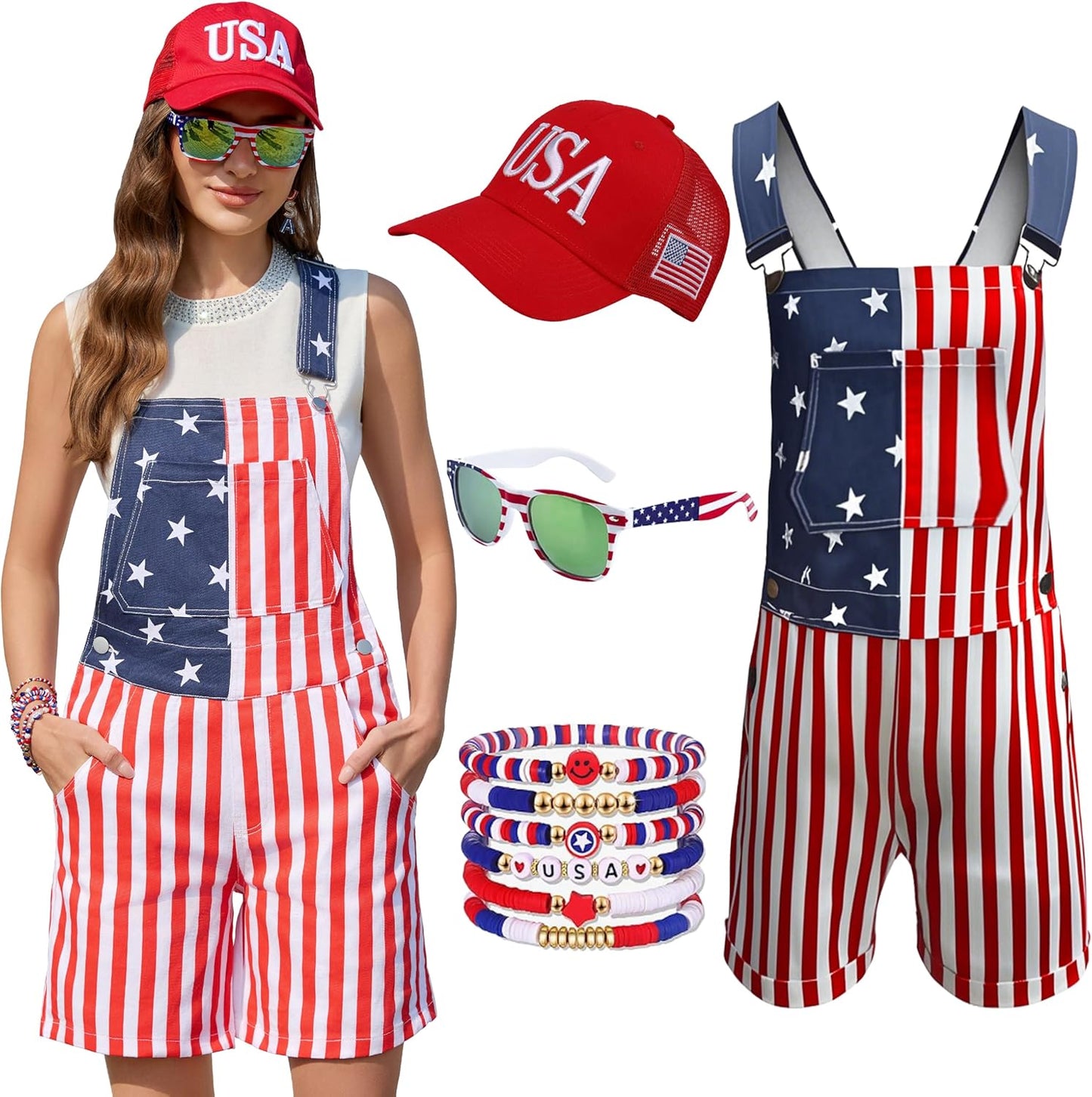 American Flag Overalls Women,Usa Hat,Patriotic Sunglasses,Independence Day Bracelets,4 Pcs 4Th of July Outfits