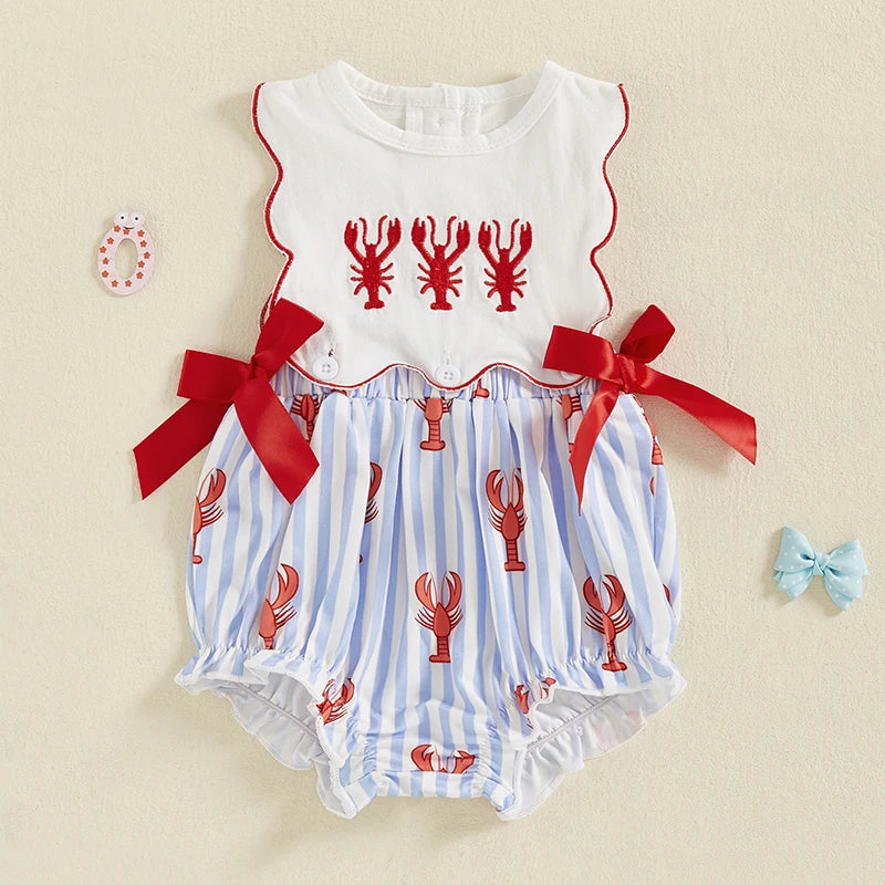 0-18M Newborn Baby Girl Smocked Crawfish Outfit Lobster Bubble Romper Bow Sleeveless Striped Bodysuit Summer Clothes