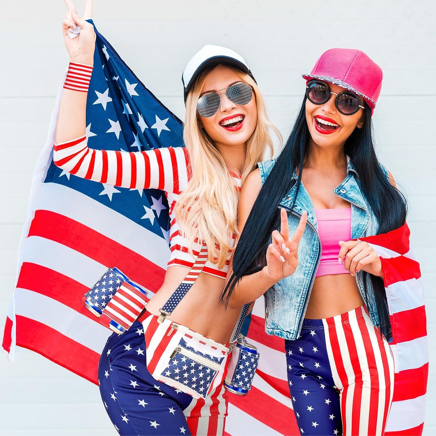 American Flag Outfits for Women Patriotic Fanny Pack Legging Headband Glasses Wristband Party Accessories