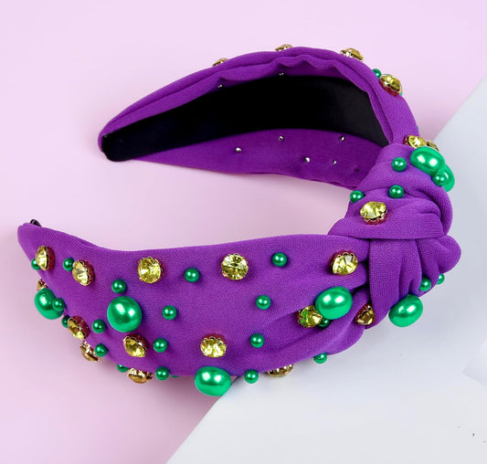 Mardi Gras Headband for Women Pearl Rhinestone Women Headbands Knotted Head Band for Women’S Hair Carnival Party Purple Green Gold Headpiece Mardi Gras Outfits Hair Accessories