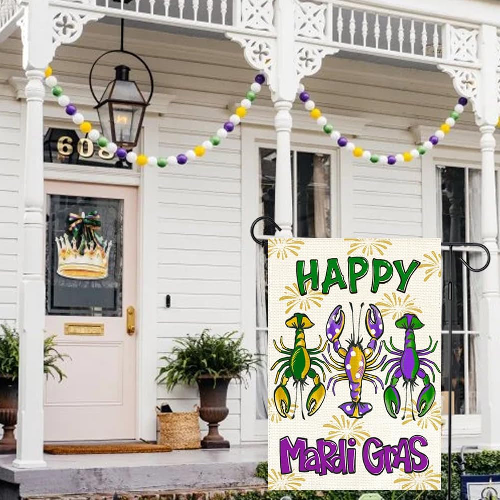 Happy Mardi Gras Crawfish Garden Flag 12X18 Inch Double Sided Outdoor Decoration, Fat Tuesday Lobster New Orleans Carnival Party Supplies Purple Green Gold Festival Accessories