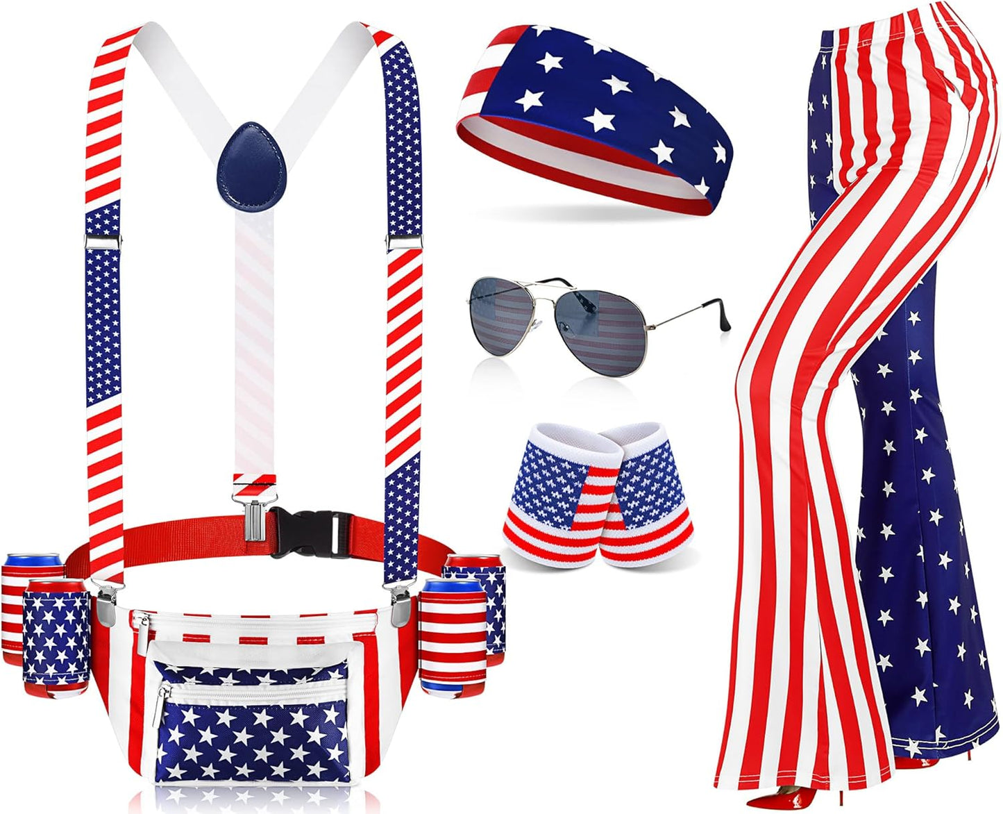 American Flag Outfits for Women Patriotic Fanny Pack Legging Headband Glasses Wristband Party Accessories