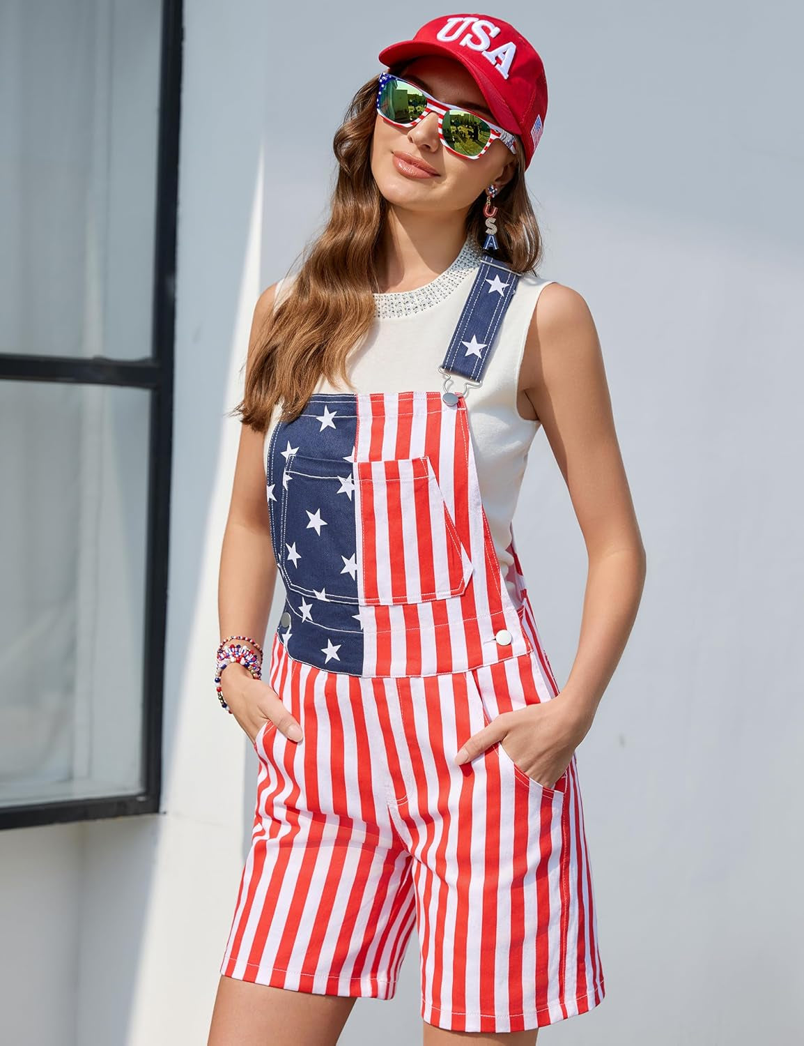 American Flag Overalls Women,Usa Hat,Patriotic Sunglasses,Independence Day Bracelets,4 Pcs 4Th of July Outfits