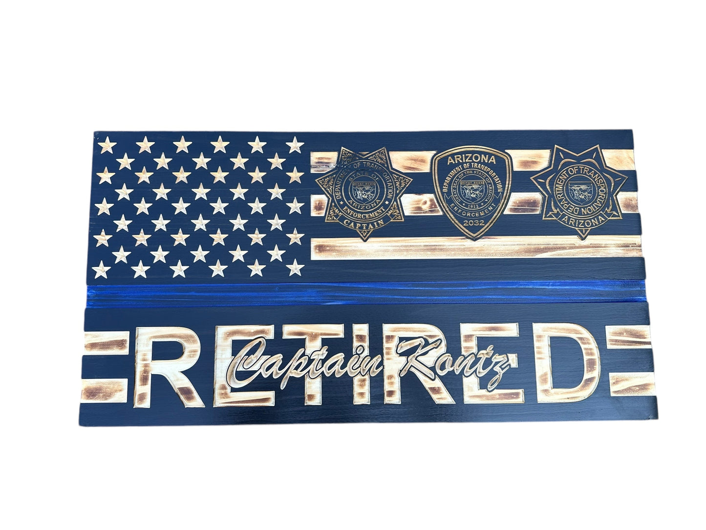Custom Retirement Wooden American Flag with Engraved Badges