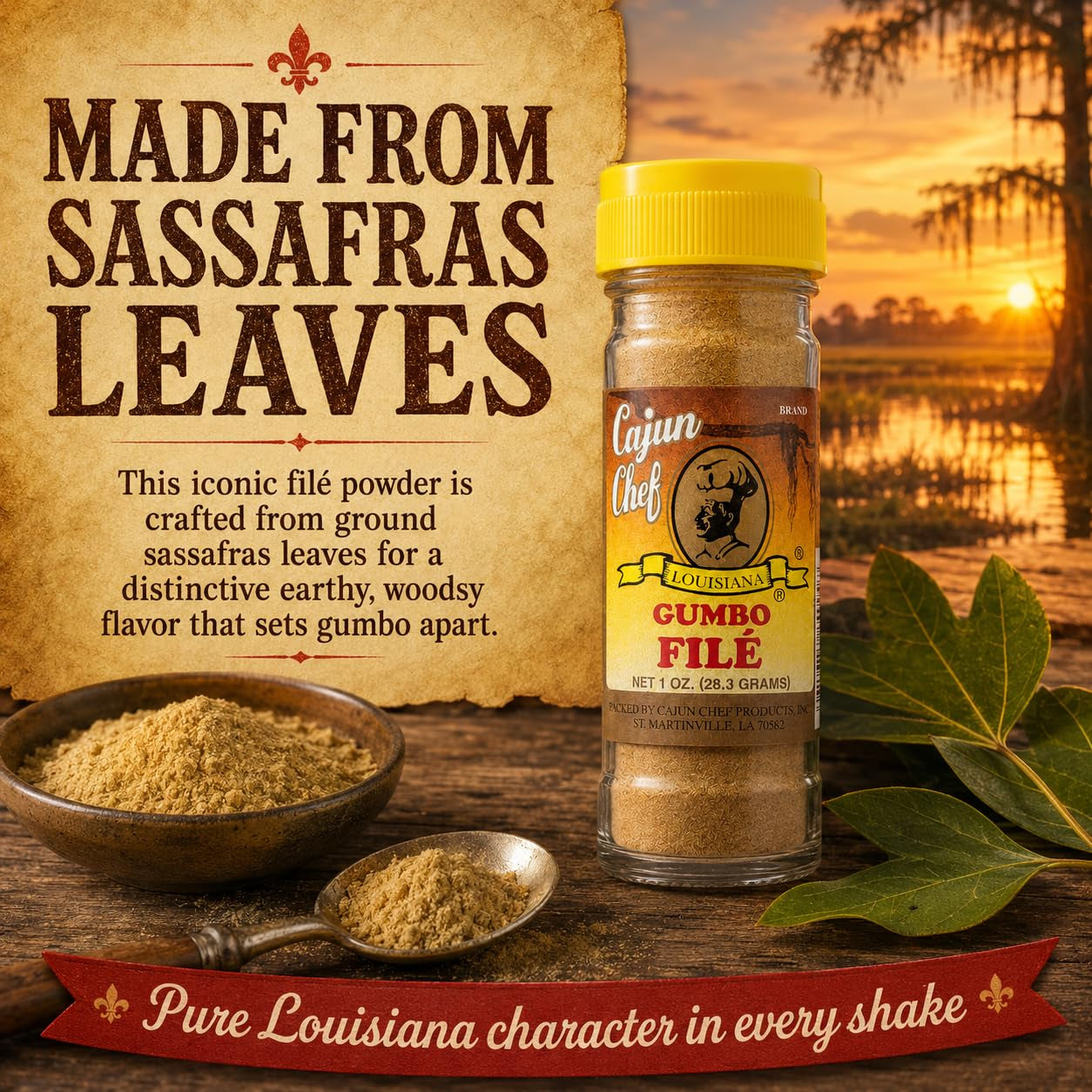 Gumbo File Powder 1 Oz, Ground Sassafras Leaves for Authentic Louisiana Gumbo, Cajun and Creole Seasoning for Soups, Stews, Jambalaya and Etouffee