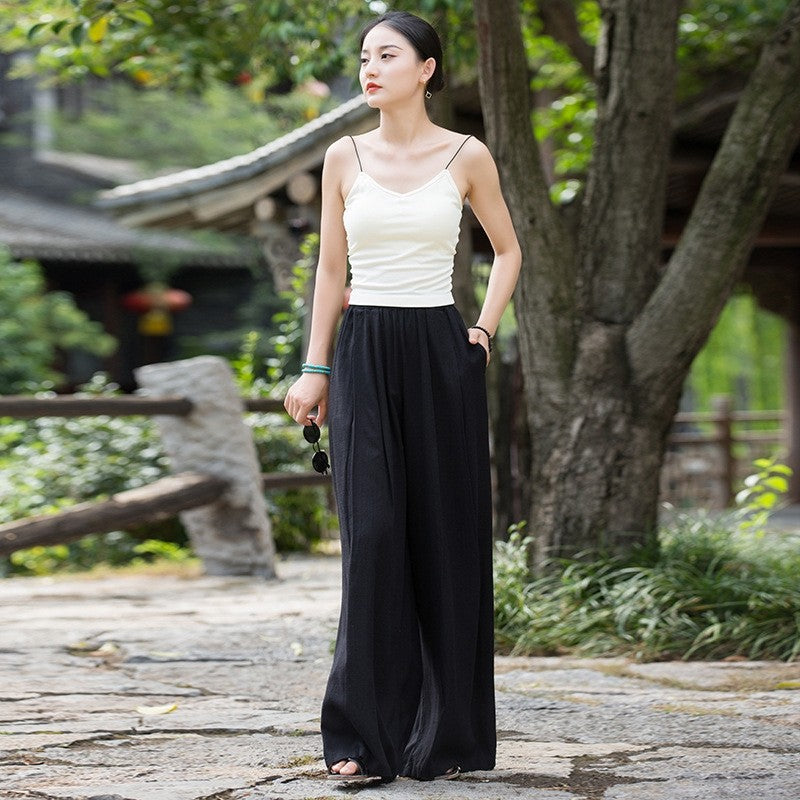 Elastic Waist Wide Leg Pants In Solid Color