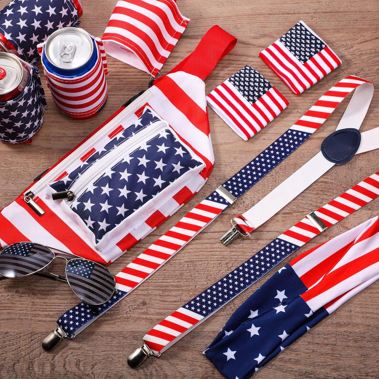 9 Pcs 4Th of July Fanny Pack American Flag Overalls 250 Years Patriotic American Flag Fanny Pack Beer Belt Suspenders Drink Holder Headband Wristband(Classic Style)