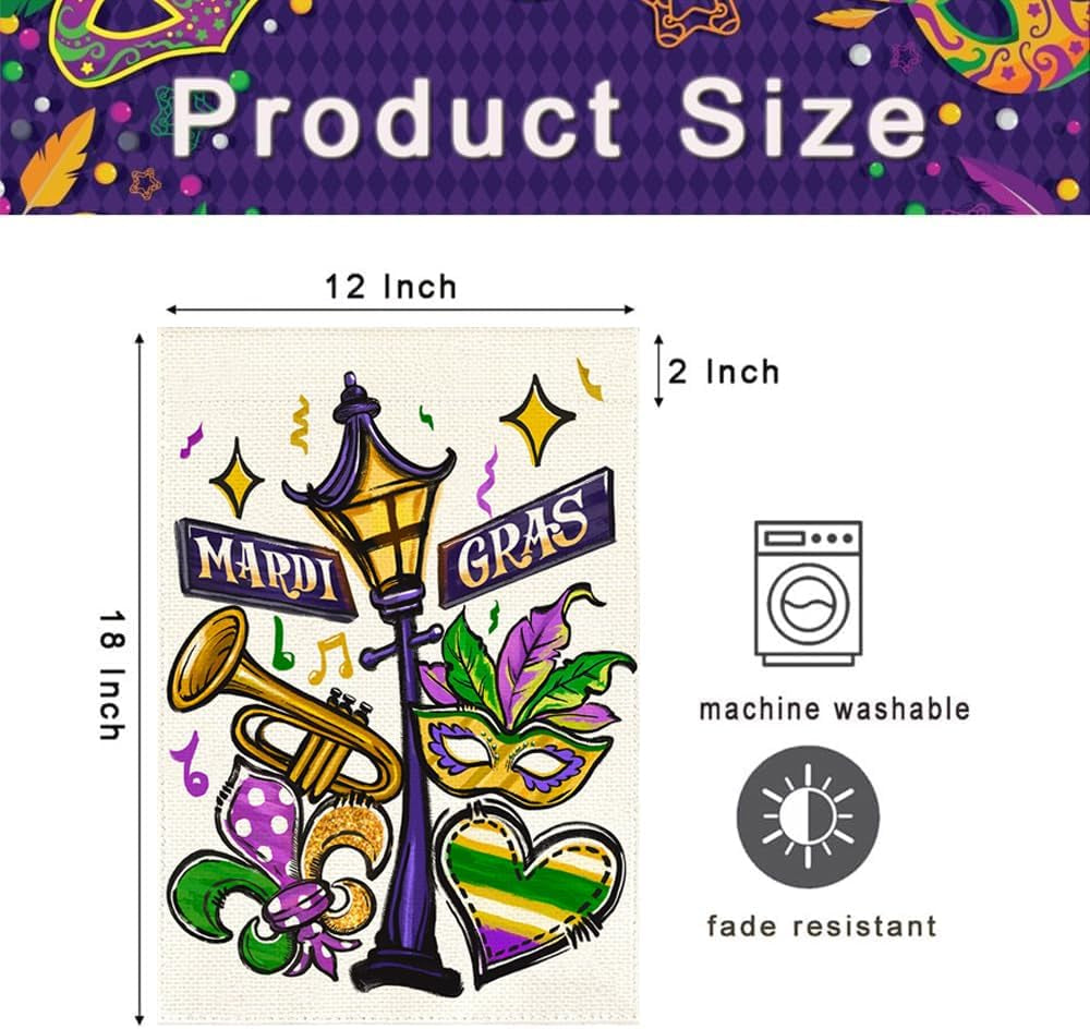 Mardi Gras Garden Flag 12X18 Inch Double Sided Outdoor Decoration, Street Lamp Fleur De Lis Mask New Orleans Carnival Party Supplies Purple Green Gold Festival Accessories