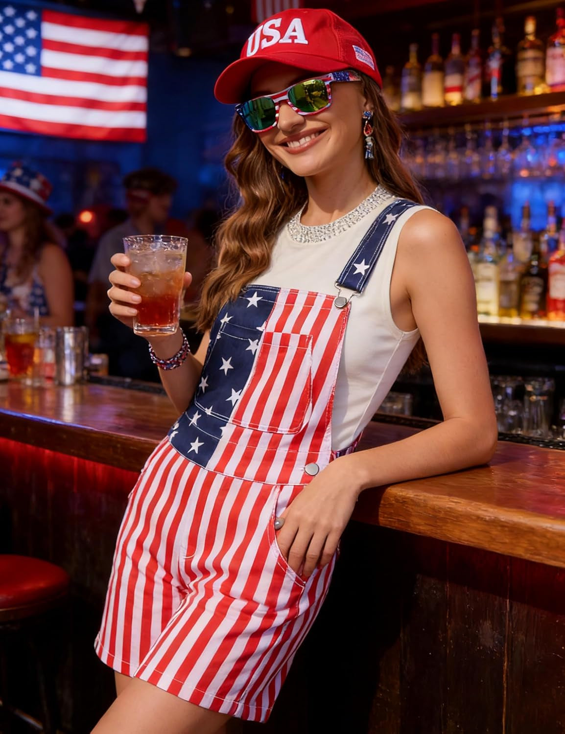 American Flag Overalls Women,Usa Hat,Patriotic Sunglasses,Independence Day Bracelets,4 Pcs 4Th of July Outfits